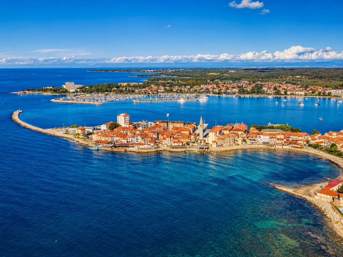 Aerial view of Umag old town and coast